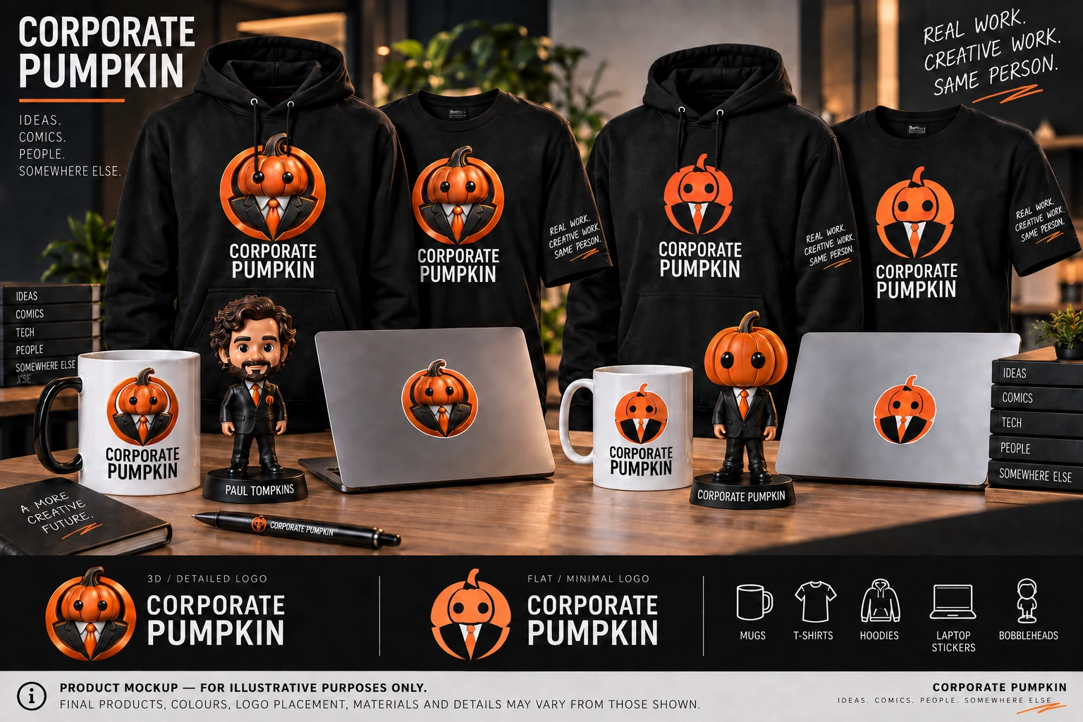 Corporate Pumpkin merchandise concepts including black hoodies, T-shirts, mugs, laptop stickers and bobbleheads